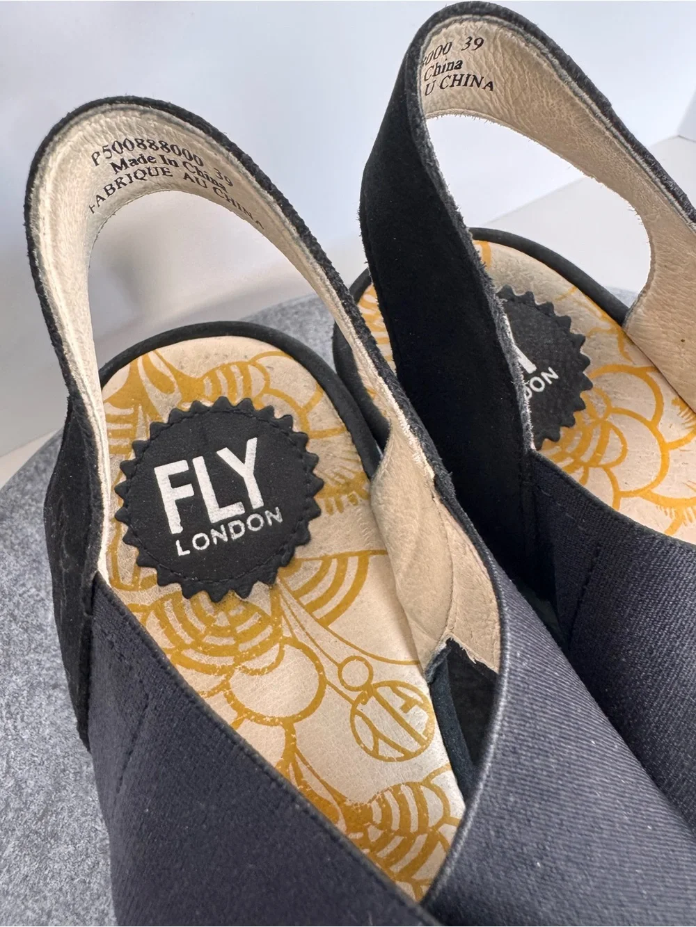 Fly London Yaji Black Leather Wedge Heels Sandals 39